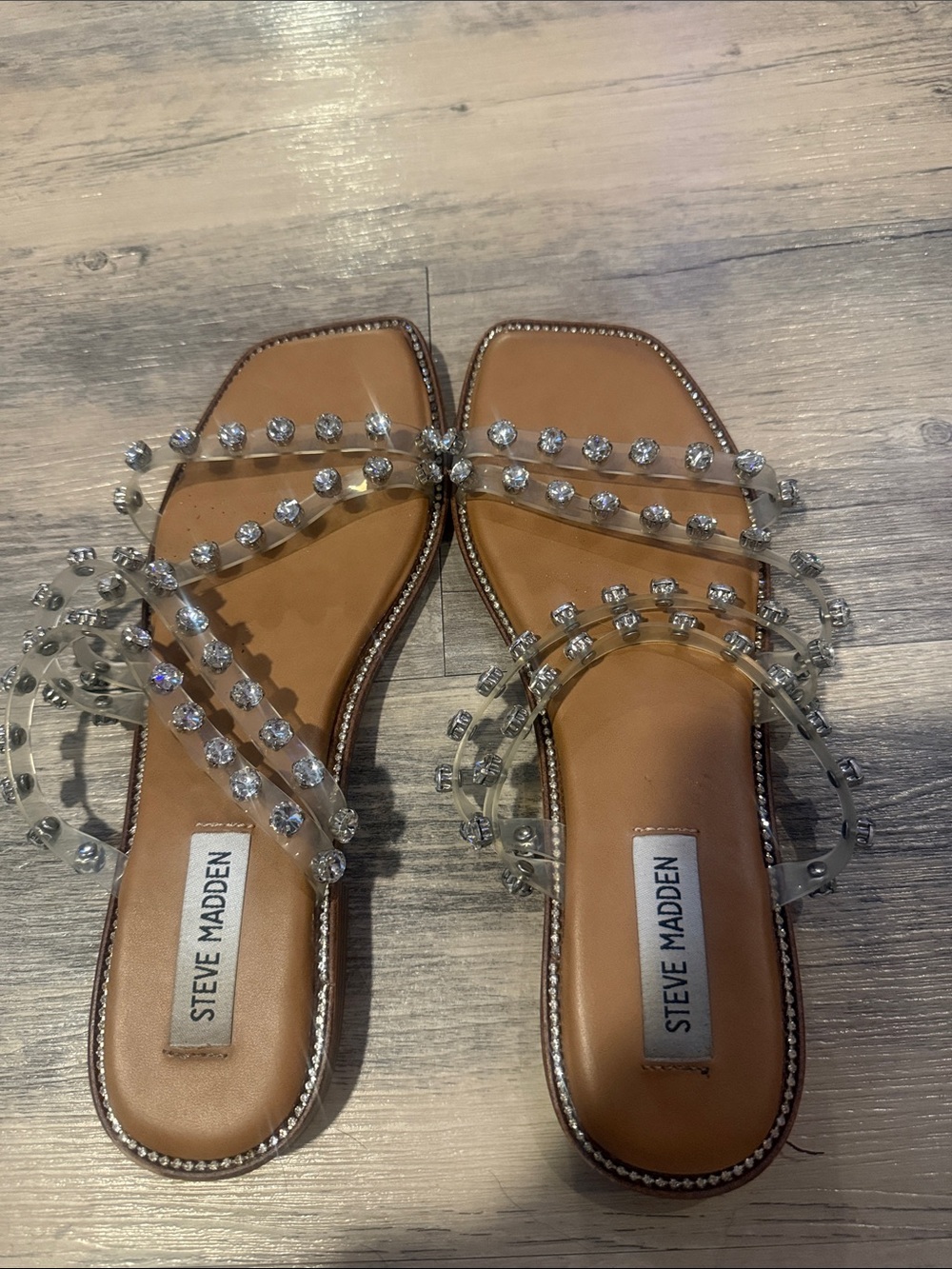 Steve Madden Tan Slide Sandals with Clear Jeweled Straps